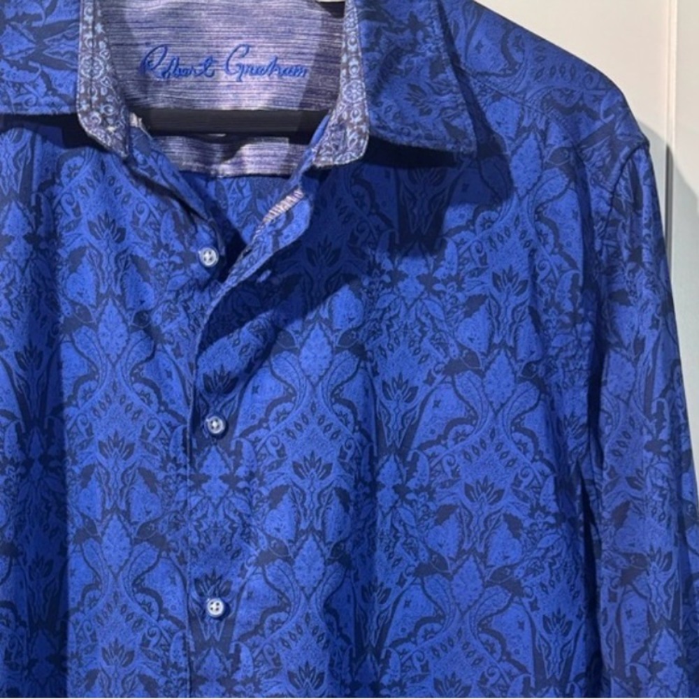 Robert Graham Button-Up Shirt Mens Large Paisley Floral Blue FlipCuff LS Cotton